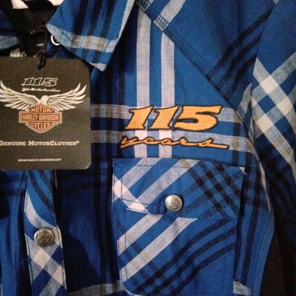 Harley-Davidson's 115th Anniversary Blue Plaid Women's Short-Sleeve Shirt XL NWT - Picture 4 of 9